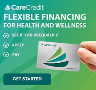 CareCredit financing ad with a hand holding a card. Text: 'Flexible financing for health and wellness. See if you prequalify, apply, pay.' 'Get started' button included.
