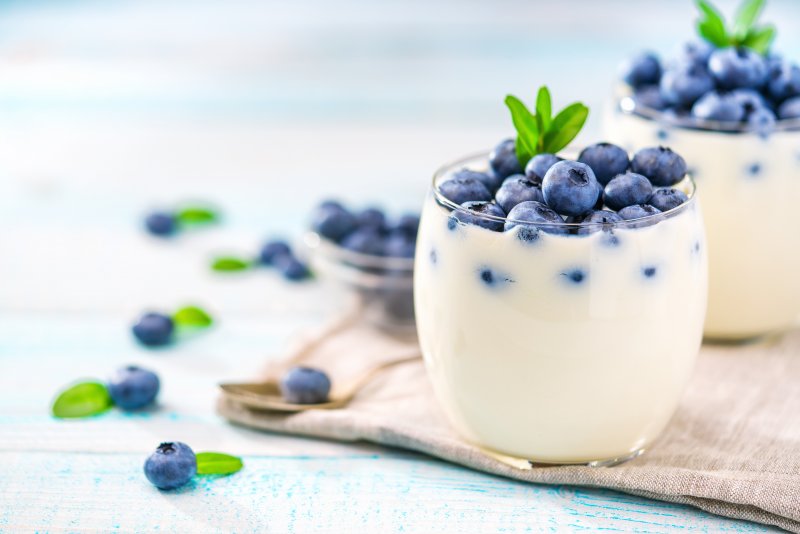 Homemade yogurt with blueberries on a tablecloth